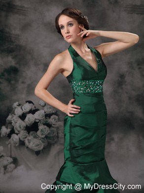 Taffeta Mermaid Halter Beaded Dark Green Evening Dress for 2013