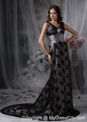 Lace Column V-neck Court Train Black Evening Dress with Beading