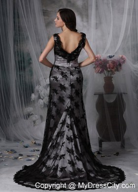 Lace Column V-neck Court Train Black Evening Dress with Beading