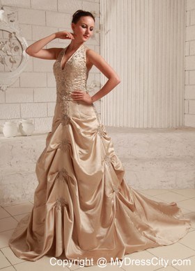 Special Appliques with Beading Halter Champagne Bridal Dress