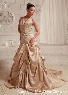 Special Appliques with Beading Halter Champagne Bridal Dress