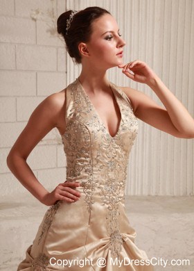 Special Appliques with Beading Halter Champagne Bridal Dress