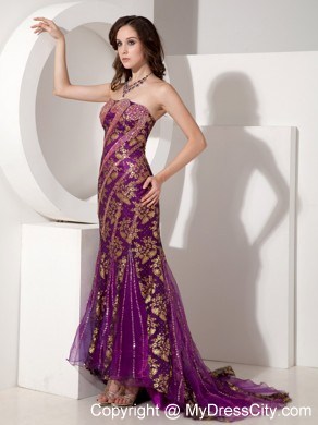 Customize Mermaid Purple and Gold Evening Dress with Brush Train