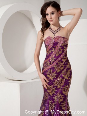 Customize Mermaid Purple and Gold Evening Dress with Brush Train