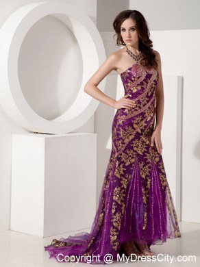 Customize Mermaid Purple and Gold Evening Dress with Brush Train