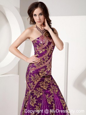 Customize Mermaid Purple and Gold Evening Dress with Brush Train