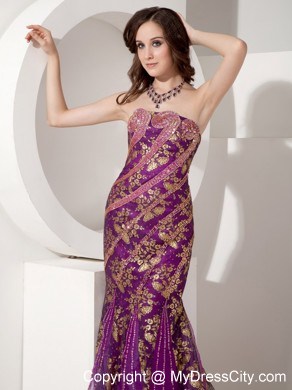 Customize Mermaid Purple and Gold Evening Dress with Brush Train