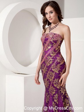 Customize Mermaid Purple and Gold Evening Dress with Brush Train