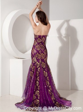 Customize Mermaid Purple and Gold Evening Dress with Brush Train