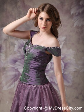 Off The Shoulder A-line Cap Sleeves Dark Purple Evening Gowns