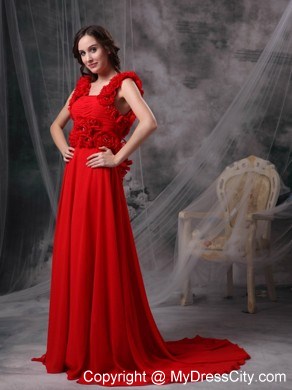 Chiffon A-line Square Red Prom Evening Dress with Hand Flowers