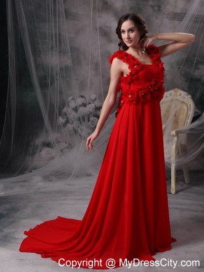 Chiffon A-line Square Red Prom Evening Dress with Hand Flowers