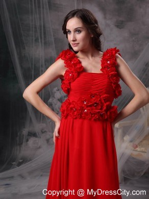 Chiffon A-line Square Red Prom Evening Dress with Hand Flowers