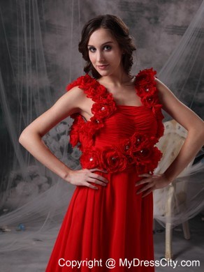 Chiffon A-line Square Red Prom Evening Dress with Hand Flowers