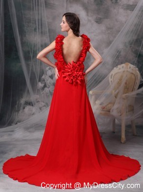 Chiffon A-line Square Red Prom Evening Dress with Hand Flowers