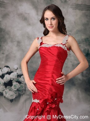 Red Mermaid Straps Brush Train Ruched Evening Dress with White Appliques