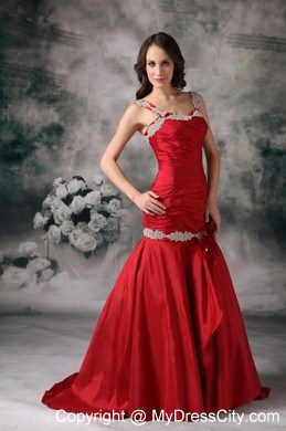 Red Mermaid Straps Brush Train Ruched Evening Dress with White Appliques