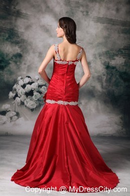 Red Mermaid Straps Brush Train Ruched Evening Dress with White Appliques