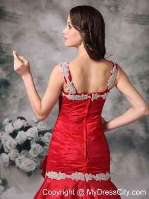 Red Mermaid Straps Brush Train Ruched Evening Dress with White Appliques