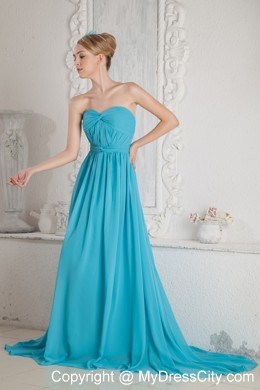 Court Train A-line Sweetheart Ruches Chiffon Baby Blue Evening Dress