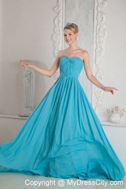 Court Train A-line Sweetheart Ruches Chiffon Baby Blue Evening Dress