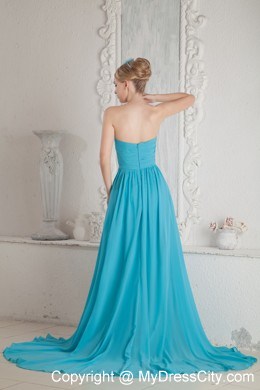 Court Train A-line Sweetheart Ruches Chiffon Baby Blue Evening Dress