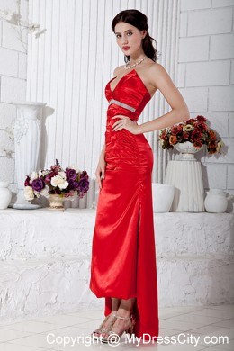 V-Cut Neck Taffeta Beading Ruched 2013 Red Prom Evening Gowns