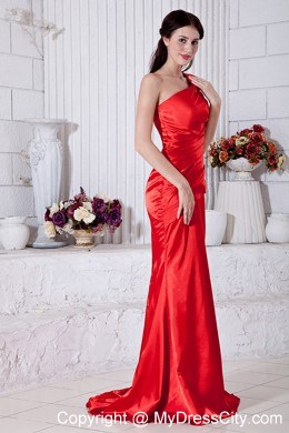 Mermaid One Shoulder Beading Red Prom Evening Dress with Brush Train