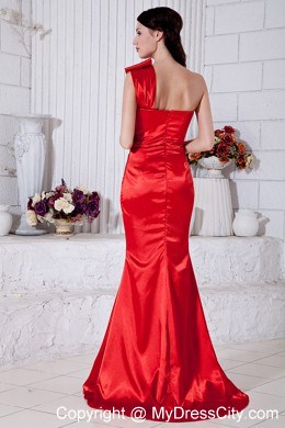 Mermaid One Shoulder Beading Red Prom Evening Dress with Brush Train