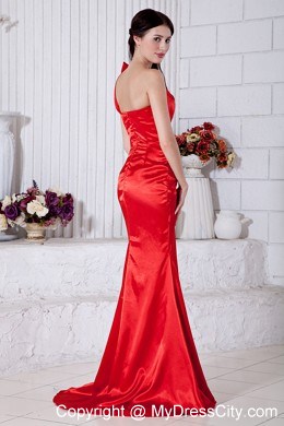 Mermaid One Shoulder Beading Red Prom Evening Dress with Brush Train