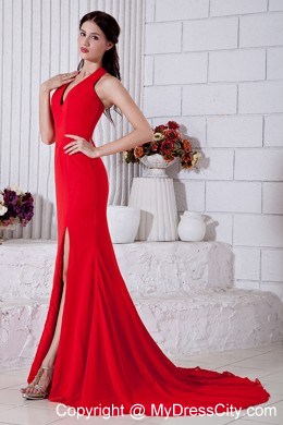 Halter High Slits Brush Train Red Prom Evening Dress for Women