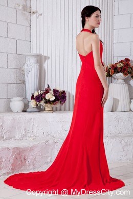 Halter High Slits Brush Train Red Prom Evening Dress for Women