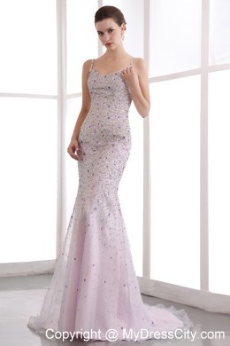 Vintage Mermaid Straps Brush Train Evening Dress with Colorful Beading