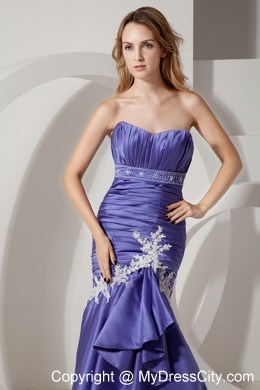 Ruched Mermaid Sweetheart Appliques Court Train Purple Evening Dress