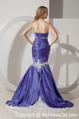 Ruched Mermaid Sweetheart Appliques Court Train Purple Evening Dress