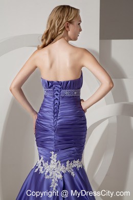 Ruched Mermaid Sweetheart Appliques Court Train Purple Evening Dress