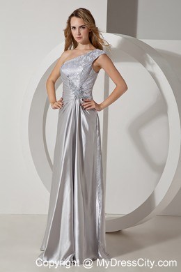 Silver Column Single Shoulder Beading Evening Dress with Ruching