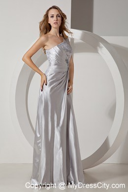 Silver Column Single Shoulder Beading Evening Dress with Ruching