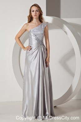 Silver Column Single Shoulder Beading Evening Dress with Ruching