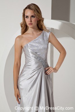 Silver Column Single Shoulder Beading Evening Dress with Ruching