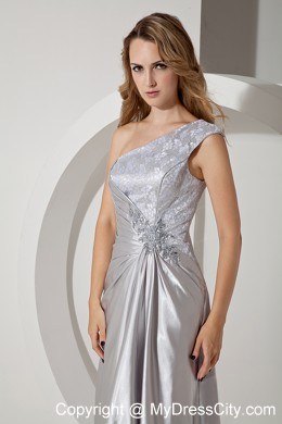 Silver Column Single Shoulder Beading Evening Dress with Ruching