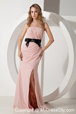 Strapless Chiffon Ruched Baby Pink Evening Dress with Black Bowknot