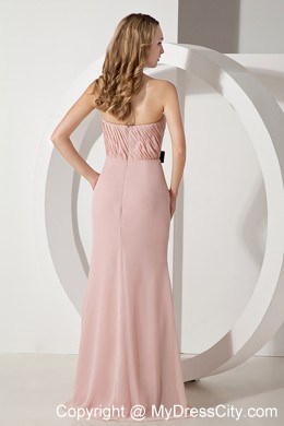 Strapless Chiffon Ruched Baby Pink Evening Dress with Black Bowknot