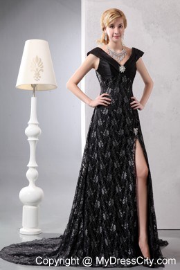 Lace V-neck Chapel Train Beading Cap Sleeves Black Evening Dress