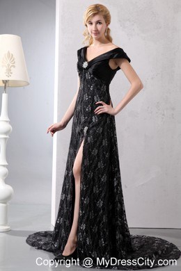 Lace V-neck Chapel Train Beading Cap Sleeves Black Evening Dress