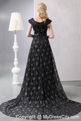 Lace V-neck Chapel Train Beading Cap Sleeves Black Evening Dress