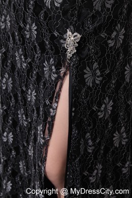 Lace V-neck Chapel Train Beading Cap Sleeves Black Evening Dress