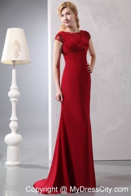 Cap Sleeves Scoop Wine Red Column Beaded Prom Dress with Brush Train