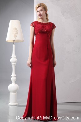 Cap Sleeves Scoop Wine Red Column Beaded Prom Dress with Brush Train