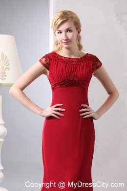 Cap Sleeves Scoop Wine Red Column Beaded Prom Dress with Brush Train